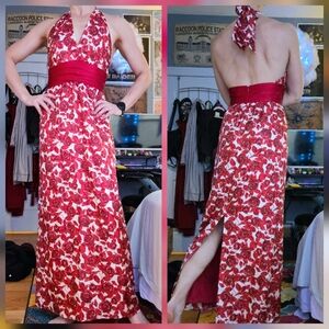 Forever 21 Vintage 90s Red Rose Silk Halter Backless Maxi Dress sz M